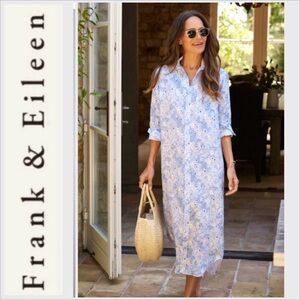 NWOT Frank & Eileen Rory Blue Floral Shirt Dress size M  linen